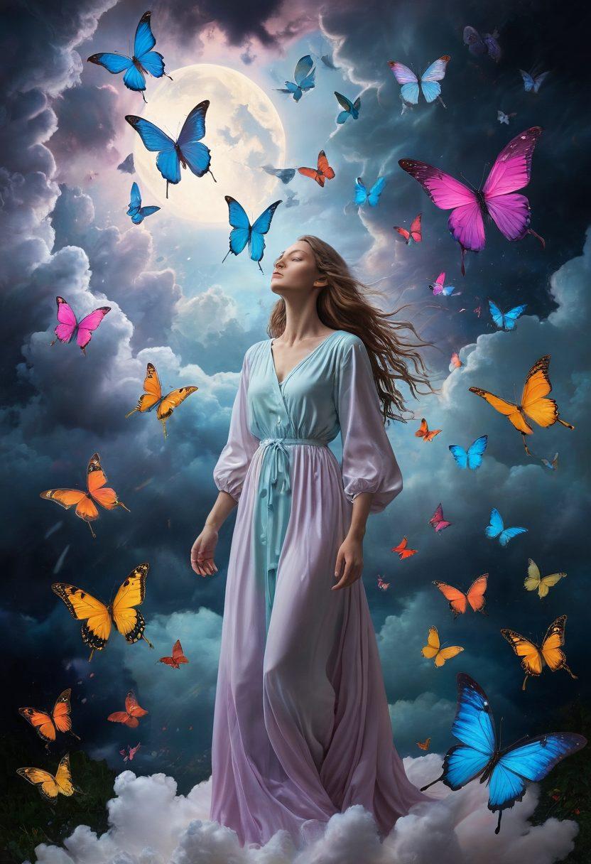 A serene figure standing amidst stormy clouds, with colorful butterflies surrounding them, symbolizing joy amidst chaos. The figure is holding a glowing orb representing happiness, while small rain droplets fall gently around. Vibrant light radiates from the orb, illuminating the clouds, transforming them into soft pastel colors. surreal style. vibrant colors. dramatic lighting.