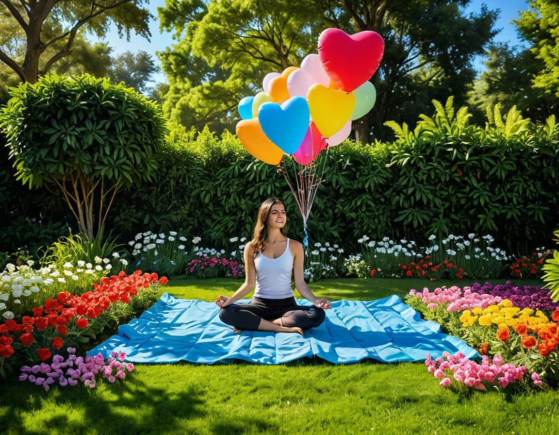 A serene, sunlit garden with blooming flowers and a clear blue sky, depicting a person sitting cross-legged on a colorful mat, surrounded by floating heart-shaped balloons to symbolize positivity. The person is meditating with a gentle smile, radiating warmth and calmness. The scene includes whimsical butterflies and soft rays of light filtering through the trees, adding to the cheerful ambiance. vibrant colors. painting.