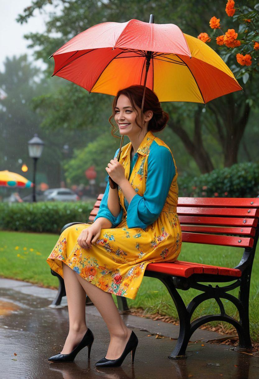 A whimsical scene depicting a person with a bright smile, sitting on a colorful park bench surrounded by dark clouds and raindrops, each raindrop morphing into a cheerful flower as it hits the ground. The character holds a vintage umbrella with cheerful patterns, contrasting the gloomy surroundings, symbolizing joy amidst adversity. Emphasize vibrant colors and a playful atmosphere. vibrant colors. super-realistic. whimsical style.